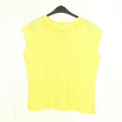 Vintage Leinenbluse Gr. M gelb uni mit Stickerei kurzarm Leinen Bluse
