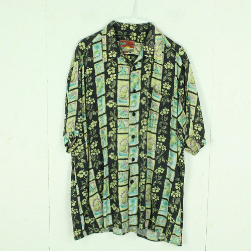 Vintage Hawaii Hemd Gr. L schwarz grün Blumen Kurzarmhemd