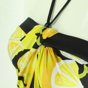 Vintage Bandeau Badeanzug Gr. M schwarz gelb mehrfarbig Citrus Pattern 80s 90s Beachwear