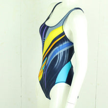 Laden Sie das Bild in den Galerie-Viewer, Vintage Badeanzug Gr. L blau bunt Crazy Pattern 80s 90s Beachwear