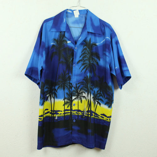 Vintage Hawaii Hemd Gr. L blau schwarz Palmen Kurzarm