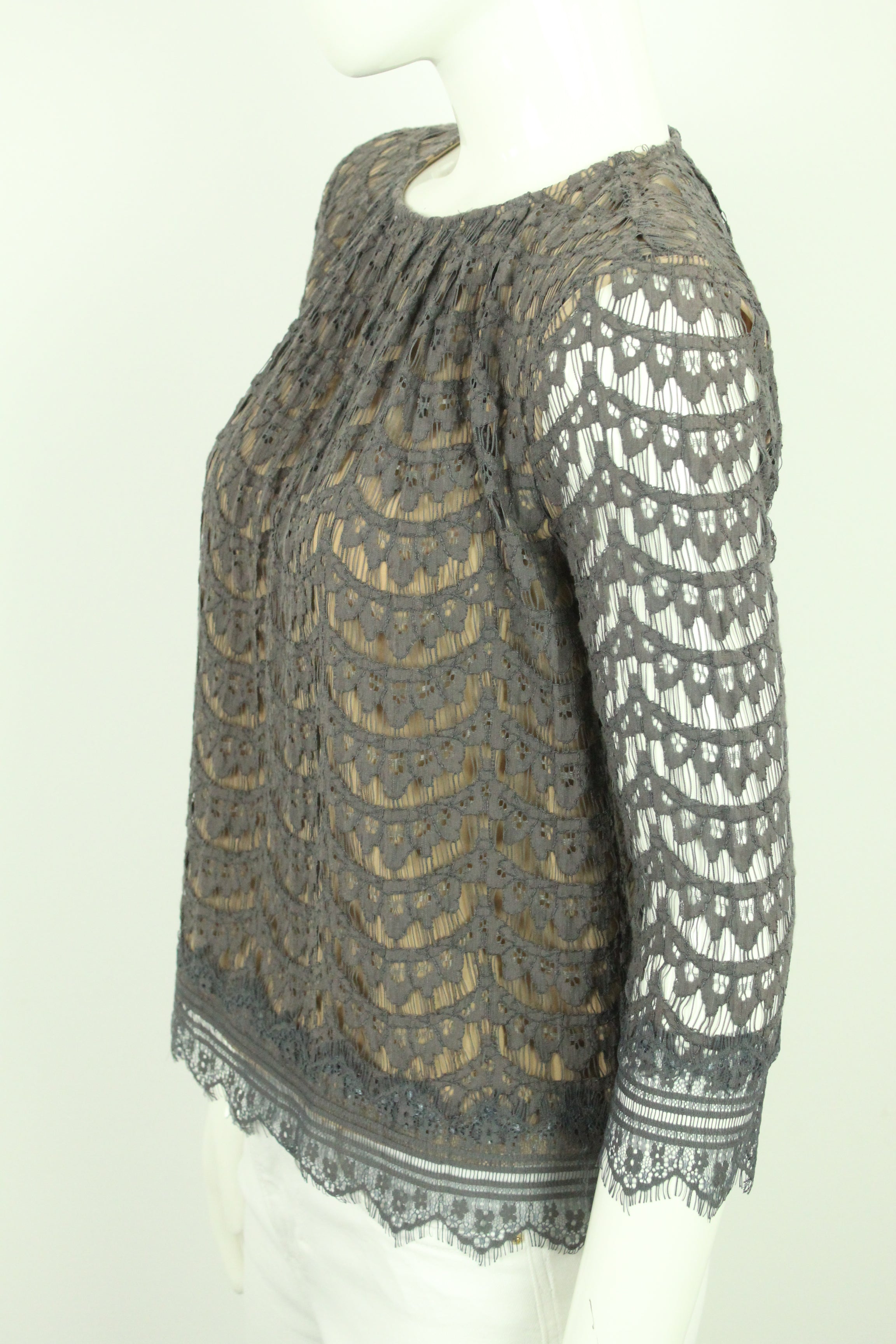 Second Hand DAY BIRGER ET MIKKELSEN Bluse Gr. 38 taupe Spitze (*)