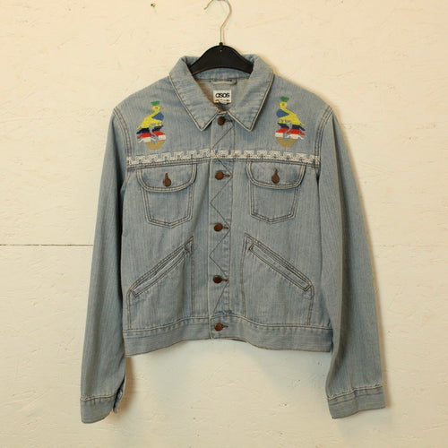 Second Hand ASOS Jeansjacke Gr. 42 blau mit Stickerei (*)