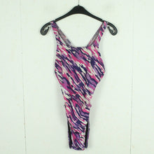 Laden Sie das Bild in den Galerie-Viewer, Vintage Badeanzug Gr. L/XL lila mehrfarbig gemustert 80s 90s Beachwear
