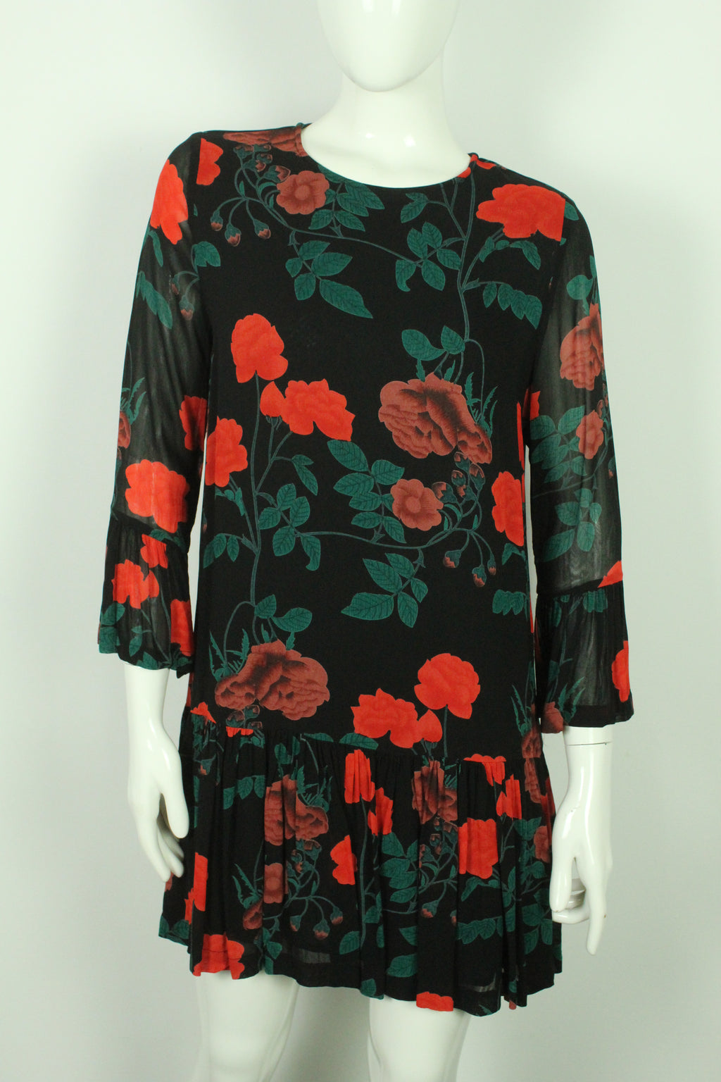 Second Hand GANNI Kleid Gr. 38 schwarz mehrfarbig geblümt Rosen (*)