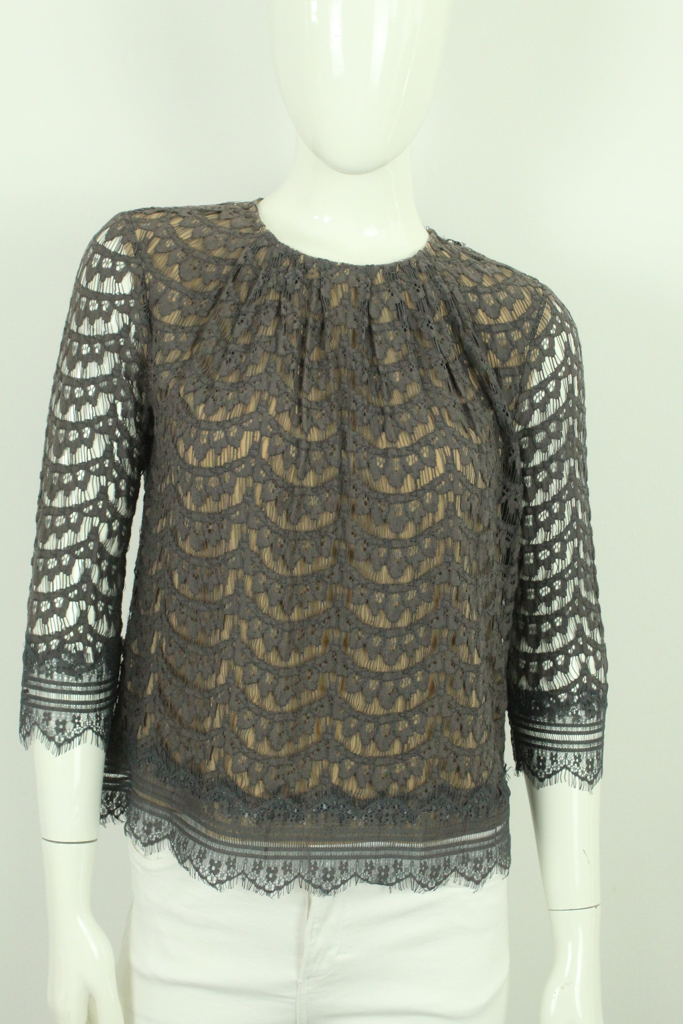 Second Hand DAY BIRGER ET MIKKELSEN Bluse Gr. 38 taupe Spitze (*)