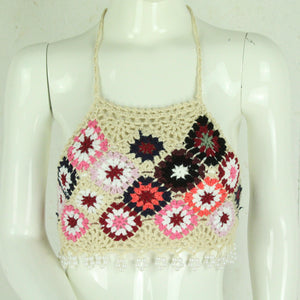 Handgestricktes Boho Stricktop Gr. Einheitsgröße beige mehrfarbig Häkeltop mit Perlen NEU