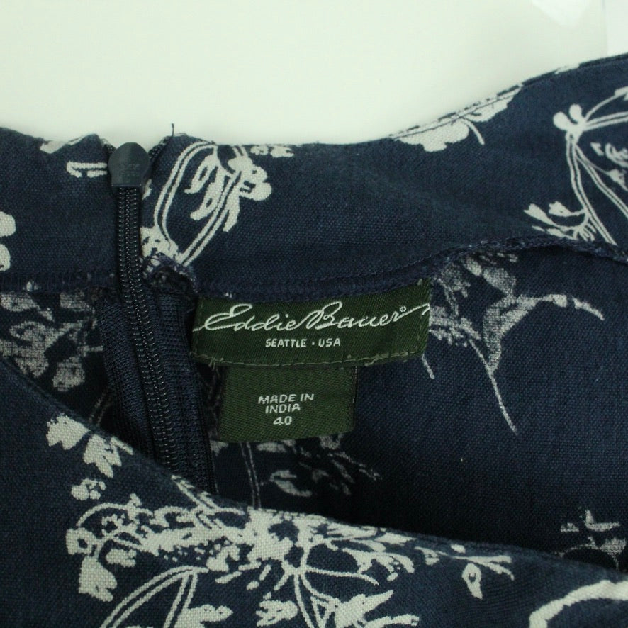 Second Hand EDDIE BAUER Midikleid Gr. 40 blau weiß geblümt Kleid mit Leinen (*)