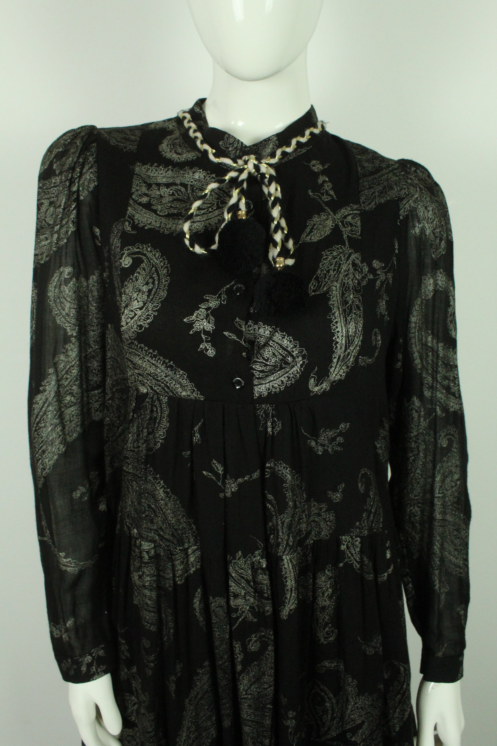 Second Hand Shirtaporter Midikleid Gr. dt. 38 ital. 44 schwarz silber Paisley Muster (*)