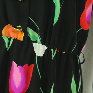 Vintage Seidenkleid Gr. S schwarz bunt geblümt Kleid