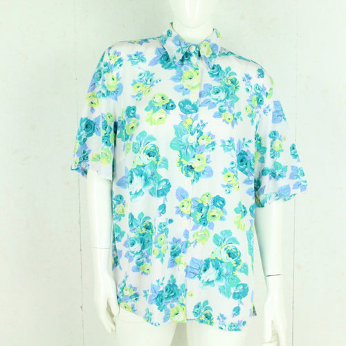 Vintage Bluse Gr. L weiß türkis Rosen geblümt kurzarm