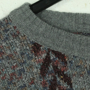 Vintage Pullover mit Wolle Gr. L grau mehrfarbig Crazy Pattern Strick