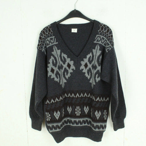 Vintage Pullover mit Wolle Gr. XL grau mehrfarbig gemustert Strick