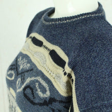 Laden Sie das Bild in den Galerie-Viewer, Vintage Pullover mit Wolle Gr. M blau mehrfarbig Crazy Pattern Strick
