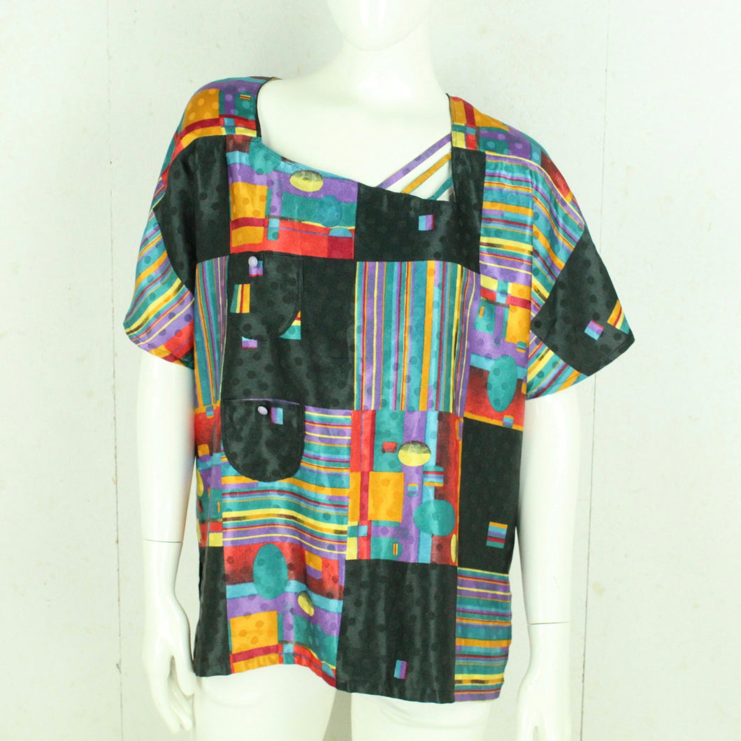 Vintage Bluse Gr. M schwarz bunt Crazy Pattern kurzarm
