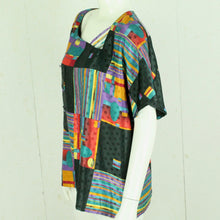 Laden Sie das Bild in den Galerie-Viewer, Vintage Bluse Gr. M schwarz bunt Crazy Pattern kurzarm