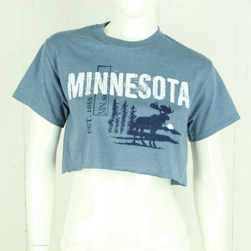 Vintage Souvenir T-Shirt Gr. S blau meliert USA Minnesota Elch Crop Top