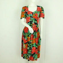 Laden Sie das Bild in den Galerie-Viewer, Vintage Midikleid Gr. S schwarz bunt geblümt Kleid