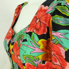 Laden Sie das Bild in den Galerie-Viewer, Vintage Midikleid Gr. S schwarz bunt geblümt Kleid