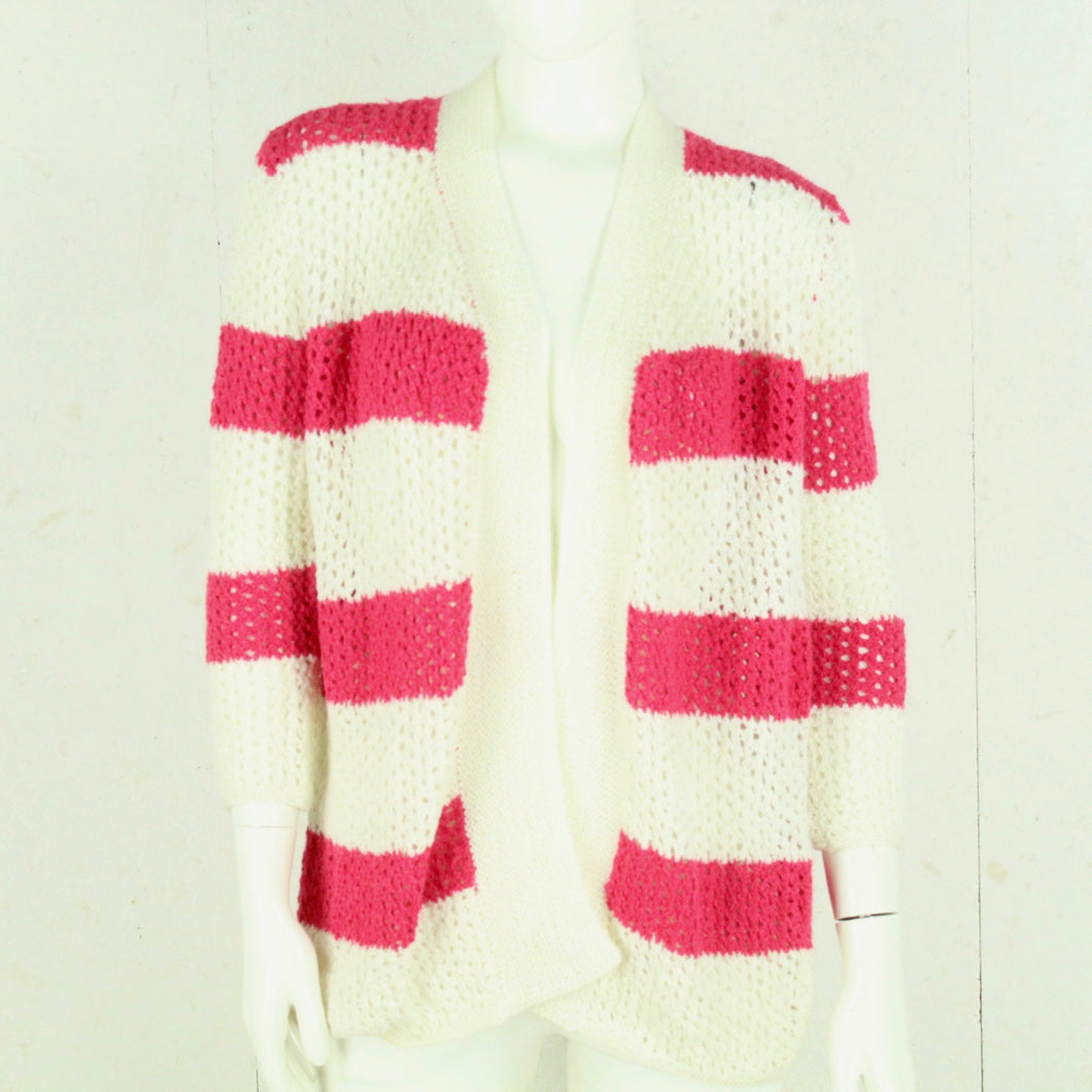 Vintage Cardigan Female Gr. L pink weiß gestreift Lochmuster Strick