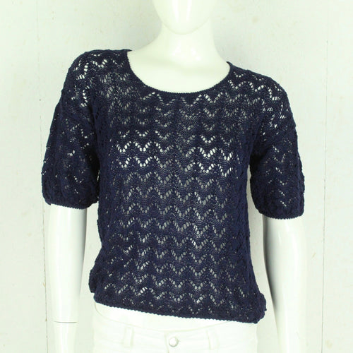Vintage Pullover Female Gr. S blau uni Lochmuster kurzarm Strick