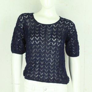 Vintage Pullover Female Gr. S blau uni Lochmuster kurzarm Strick