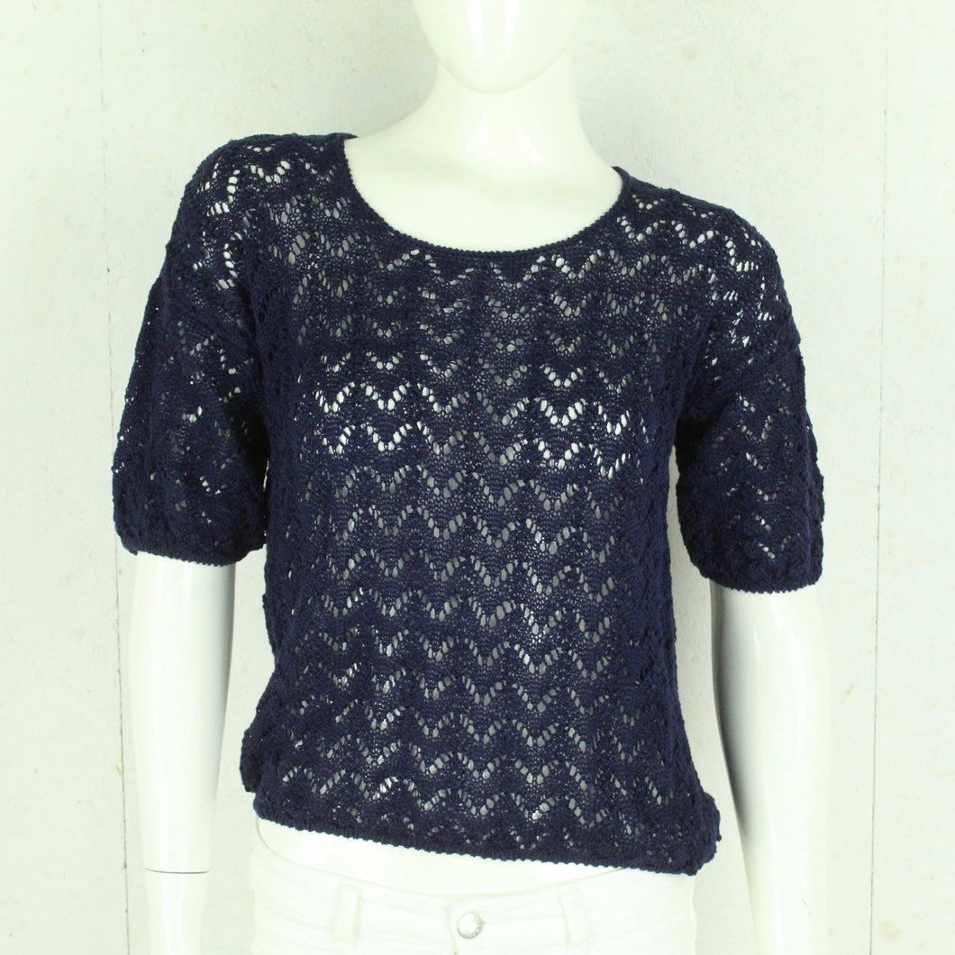 Vintage Pullover Female Gr. S blau uni Lochmuster kurzarm Strick
