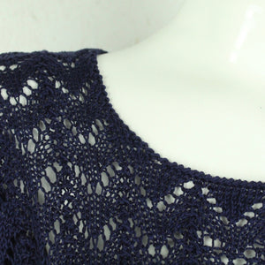 Vintage Pullover Female Gr. S blau uni Lochmuster kurzarm Strick