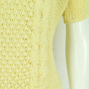 Vintage Pullover Female Gr. M gelb uni Lochmuster kurzarm Strick