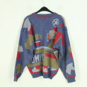 Vintage Pullover mit Wolle Gr. L blau bunt Crazy Pattern Strick