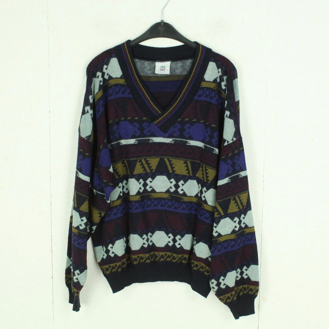 Vintage Pullover mit Wolle Gr. XL blau mehrfarbig Crazy Pattern Strick
