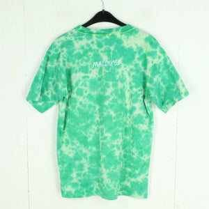 Vintage Batik T-Shirt Gr. S grün mit Print und Backprint Maledives und Fisch