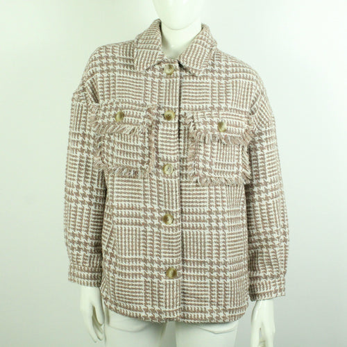 Second Hand BOUCLE Hemdjacke mit Wolle Gr. 38 beige braun Hahnentritt Jacke (*)