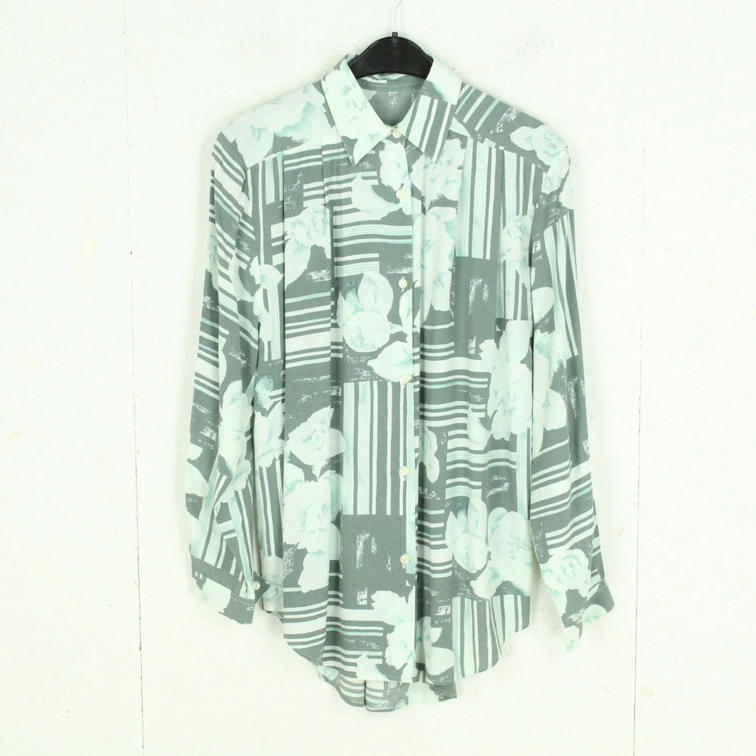 Vintage Bluse Gr. L grün weiß Crazy Pattern langarm