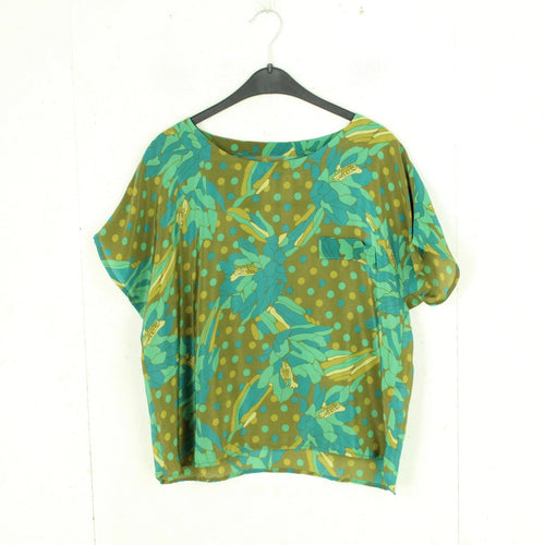 Vintage Bluse Gr. M oliv mehrfarbig Crazy Pattern kurzarm
