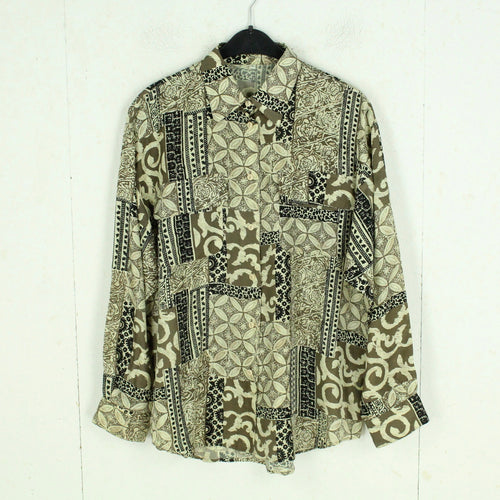 Vintage Seidenbluse Gr. L beige mehrfarbig Crazy Pattern langarm Bluse Seide