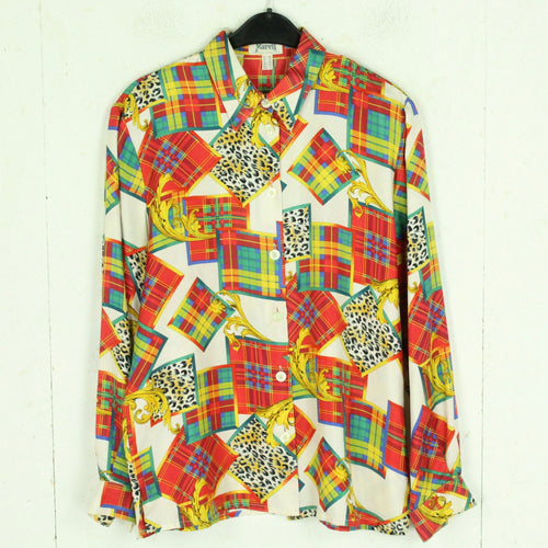 Vintage Seidenbluse Gr. S weiß bunt Crazy Pattern langarm Bluse Seide
