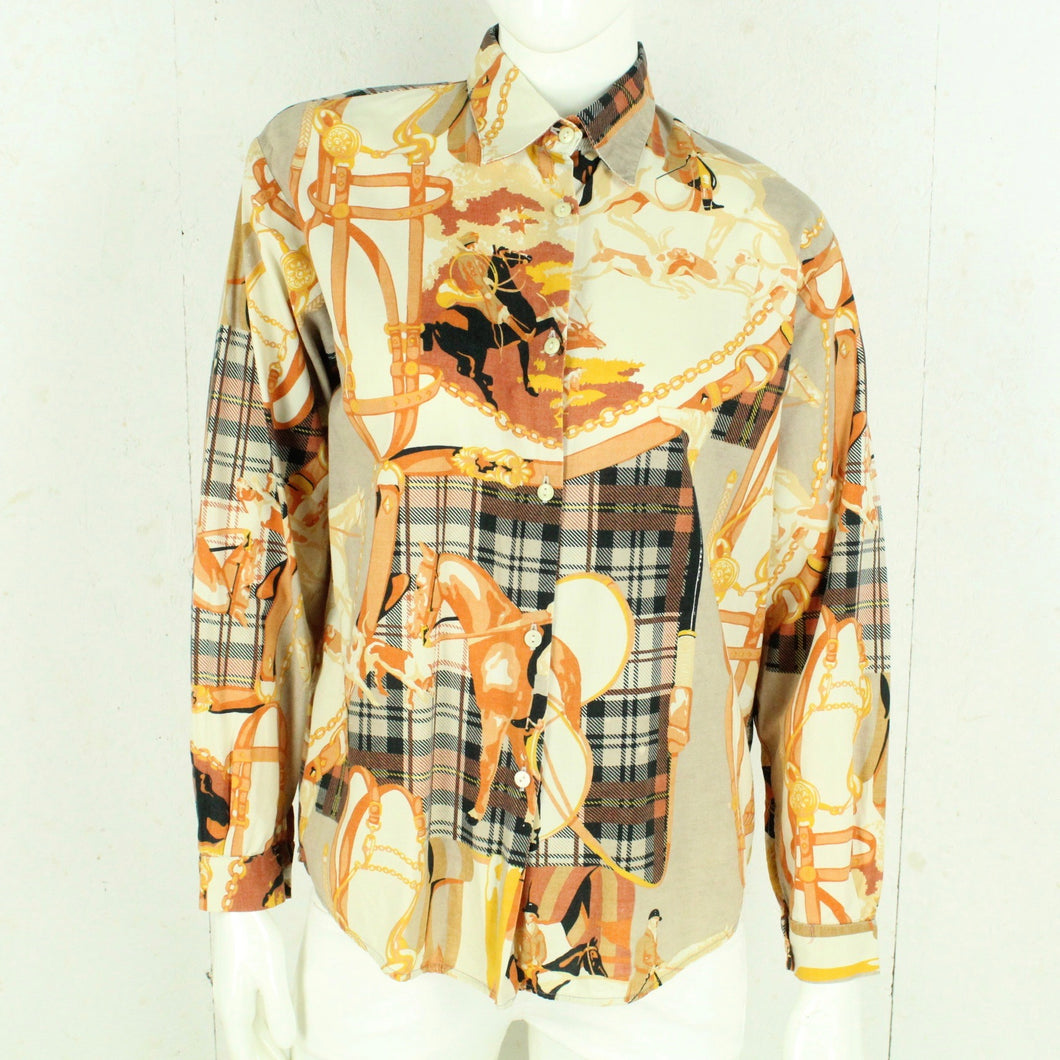 Vintage Bluse Gr. M beige orange mehrfarbig Crazy Pattern langarm