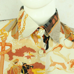 Vintage Bluse Gr. M beige orange mehrfarbig Crazy Pattern langarm