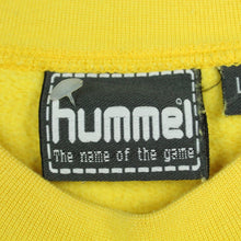 Laden Sie das Bild in den Galerie-Viewer, Vintage HUMMEL Sweatshirt Gr. L gelb, schwarz weiße Applikation mit Stickerei und Patch