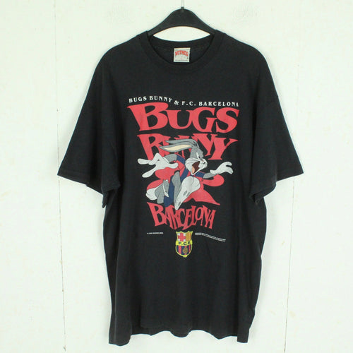 Vintage 90s BUGS BUNNY & FC BARCELONA T-Shirt Gr. XL schwarz bunt mit Print und Backprint 1995 Warner Bros
