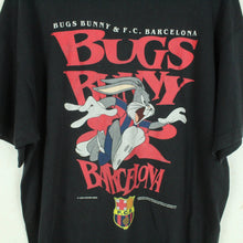 Laden Sie das Bild in den Galerie-Viewer, Vintage 90s BUGS BUNNY &amp; FC BARCELONA T-Shirt Gr. XL schwarz mit Print und Backprint 1995 Warner Bros