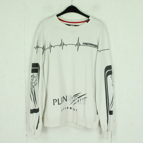 Second Hand PLEIN SPORT Sweatshirt Gr. XXL weiß grau mit Print und Backprint (*)