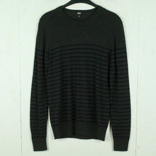 Laden Sie das Bild in den Galerie-Viewer, Second Hand UNIQLO Wollpullover Gr. S grau meliert schwarz gestreift Wolle Pullover Strick (*)