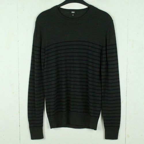 Second Hand UNIQLO Wollpullover Gr. S grau meliert schwarz gestreift Wolle Pullover Strick (*)