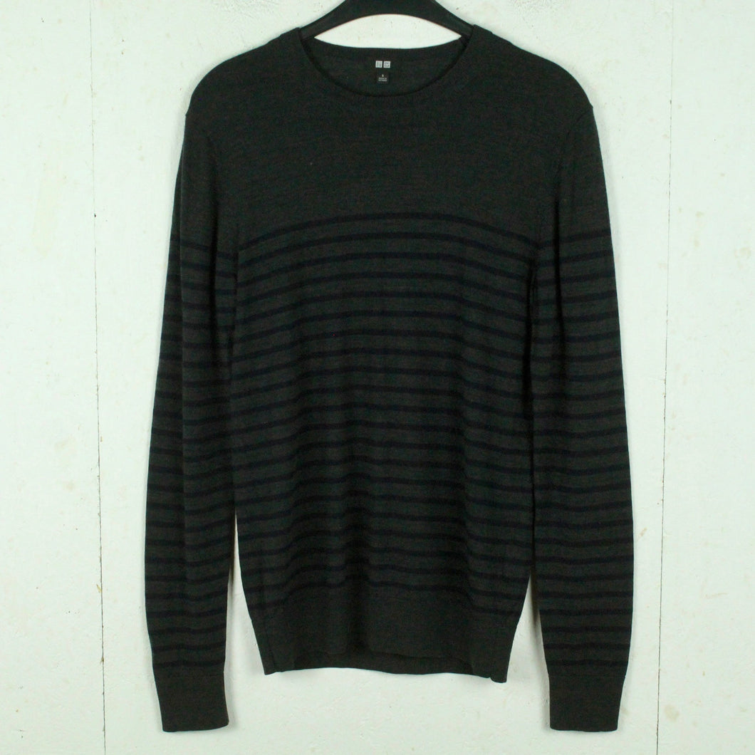 Second Hand UNIQLO Wollpullover Gr. S grau meliert schwarz gestreift Wolle Pullover Strick (*)