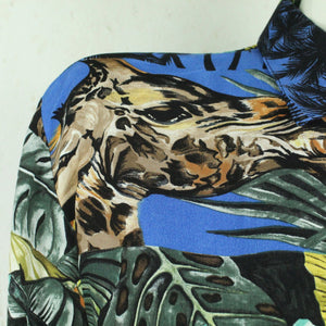 Vintage Bluse Gr. XL blau mehrfarbig Crazy Pattern "Tucan, Giraffe, Zebra, Dschungel"
