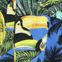 Laden Sie das Bild in den Galerie-Viewer, Vintage Bluse Gr. XL blau mehrfarbig Crazy Pattern &quot;Tucan, Giraffe, Zebra, Dschungel&quot;