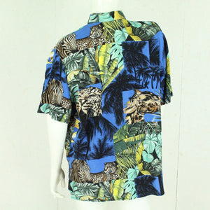Vintage Bluse Gr. XL blau mehrfarbig Crazy Pattern "Tucan, Giraffe, Zebra, Dschungel"