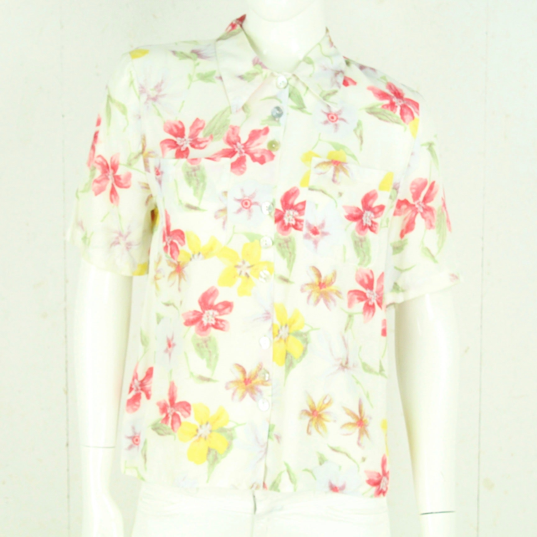 Vintage Bluse Gr. S weiß mehrfarbig geblümt kurzarm